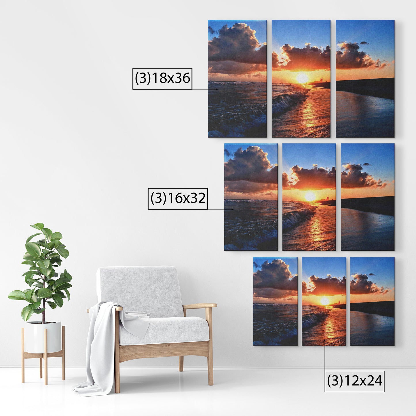 Orange Beach Sunset - 3 Panel Canvas Set